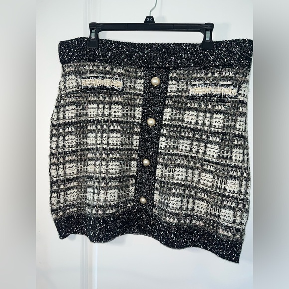 Caché Tweed Glitter Knit Pearl Embellished Faux Pocket Trimming Skirt Sz Large - Picture 7 of 11